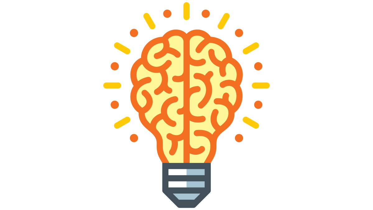 A lightbulb shape, but the bulb looks like a stylized brain, rendered in red and yellow, emitting red and yellow light lines.