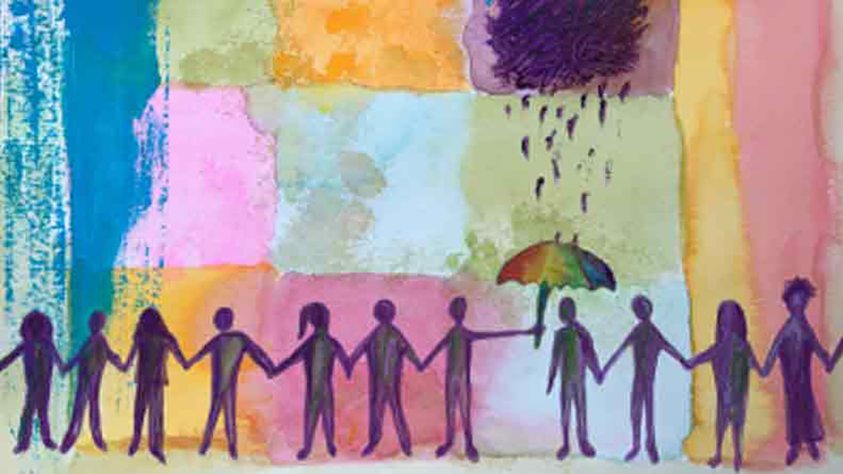 A stylized cartoon with a multicolor pastel abstract background, featuring silhouetted figures in purple. One is holding an umbrella over another, who is being rained on by a dark cloud.