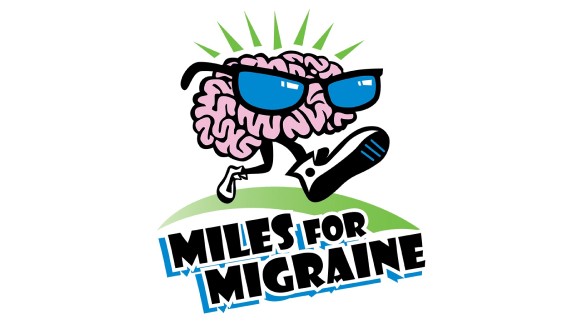 Miles for Migraines logo; a cartoon brain wearing sunglasses and sneakers, running above the black lettering.