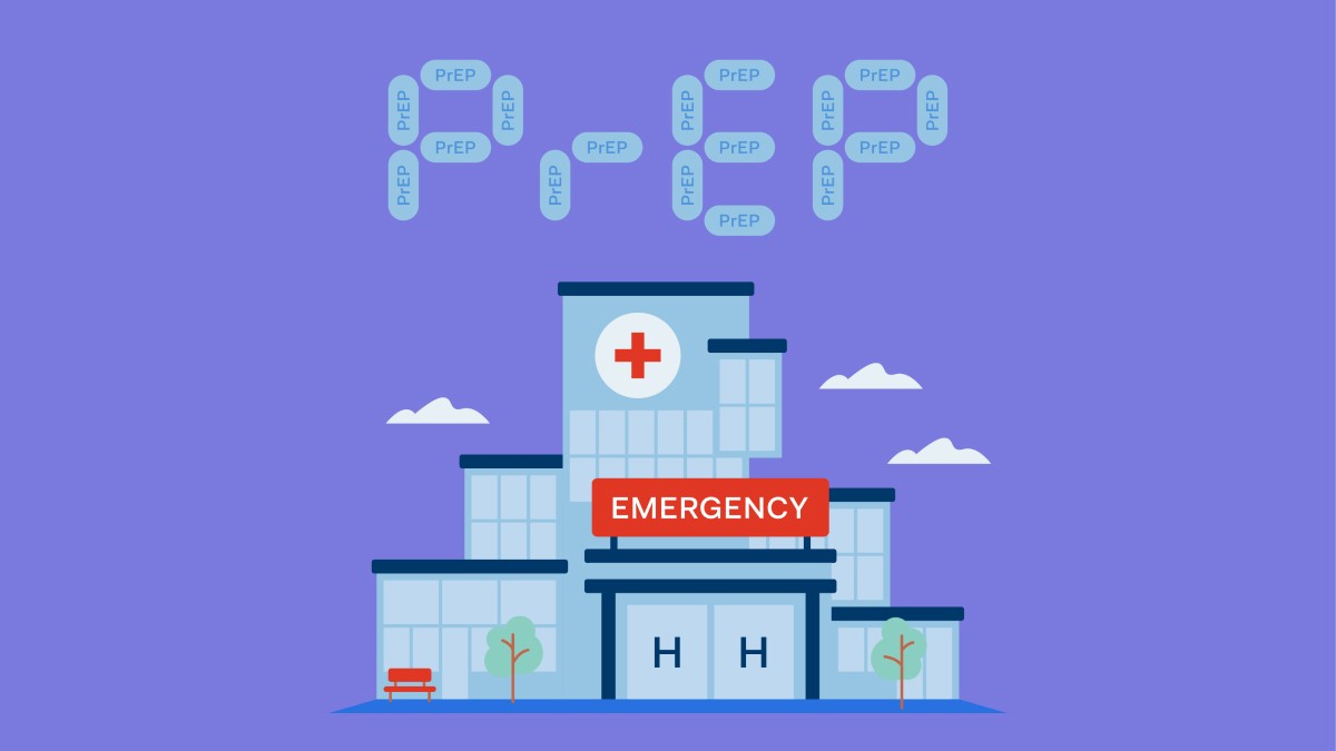 An illustration of a hospital with the word PREP spelled above with PrEP tablets.