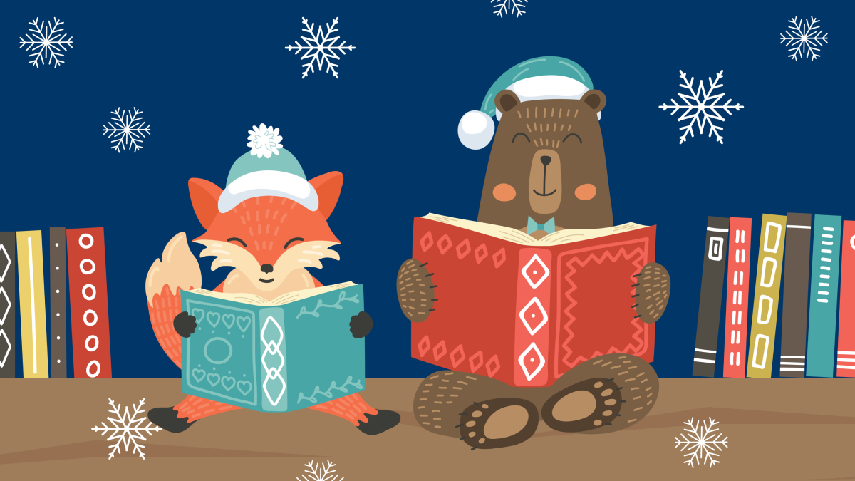 A cartoon fox and bear sit side by side reading books. They're surrounded by books and are dressed in warm winter hats.