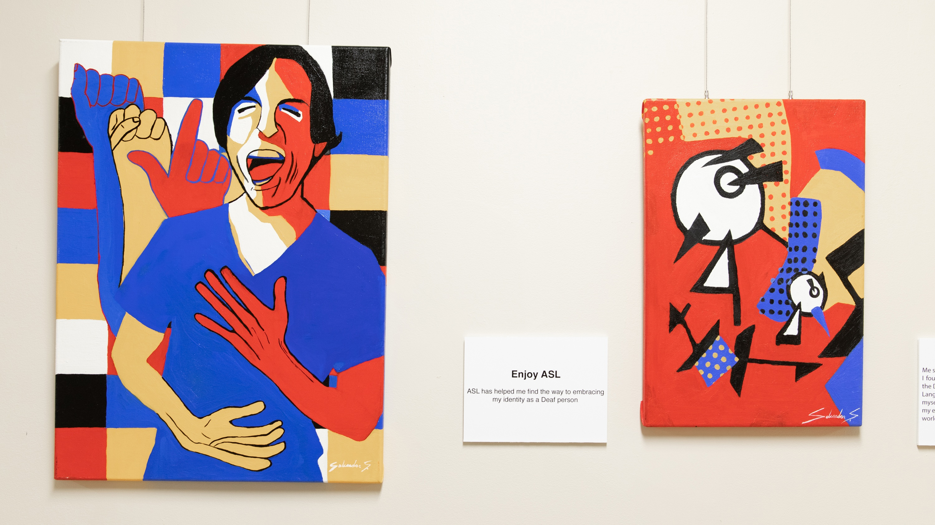 Two bright graphic images - on the left, a man in the foreground in a blue shirt laughs. Behind him are the ASL hand-letters: ASL. The picture is titled "Enjoy ASL" with a subheader: ASL has helped me find the way to embracing my identity as a Deaf person.  The image to the right is abstract, with white circles outlined boldly in black, suggesting figures, on a blue, yellow and red graphic backgrounds.