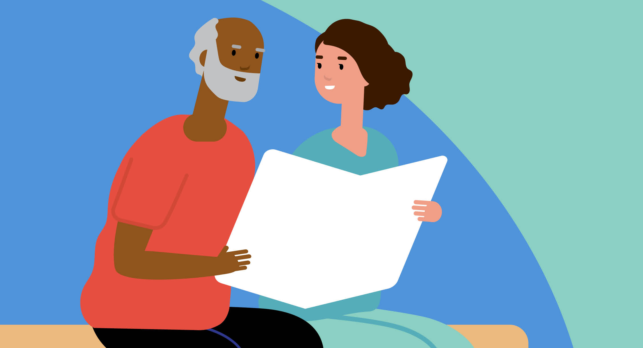 A stylized graphic of a man and a woman reading a large white book.