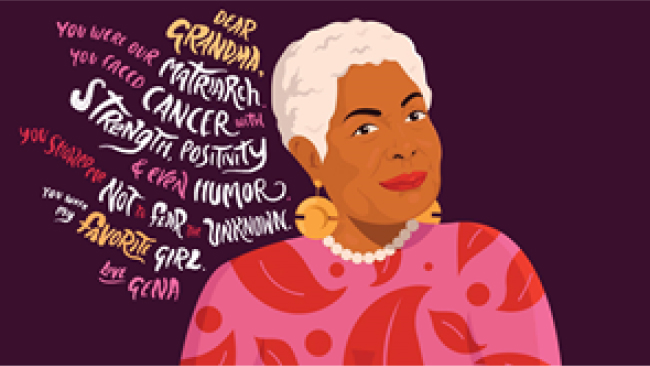 Cancer screening poem graphic featuring a woman in a pink and red dress.