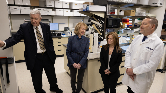 From left: John S. Condeelis, PhD, Evelyn Gruss Lipper, MD, ’71, Nicole Panarelli, MD, Robert Eddy, PhD, in the new Translational Pathology Lab.