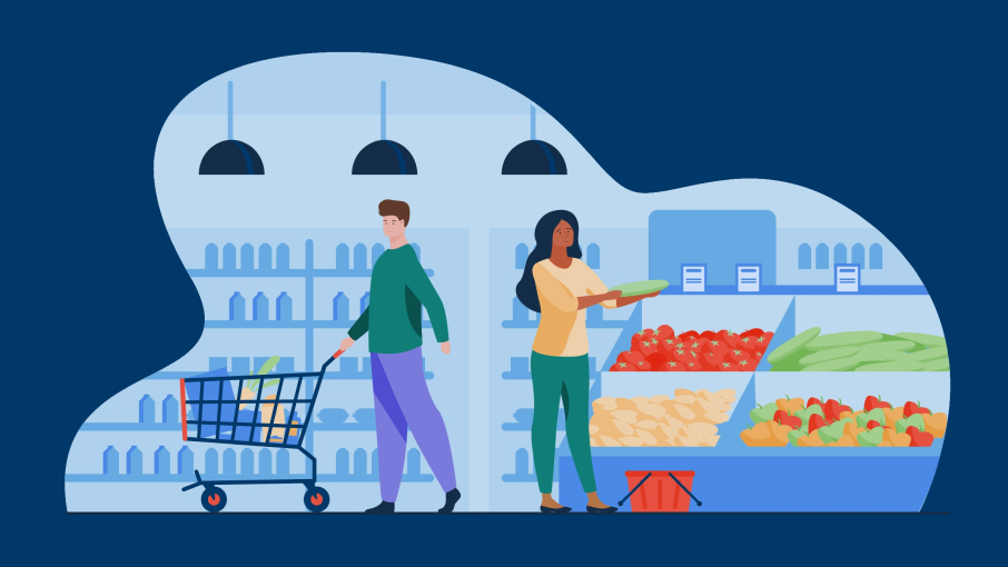 A graphic of people shopping in a supermarket.