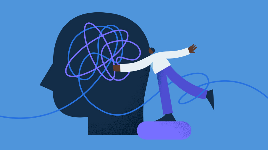 A blue stylized graphic depicting a doctor untangling a threat of anxiety inside a patient's head.