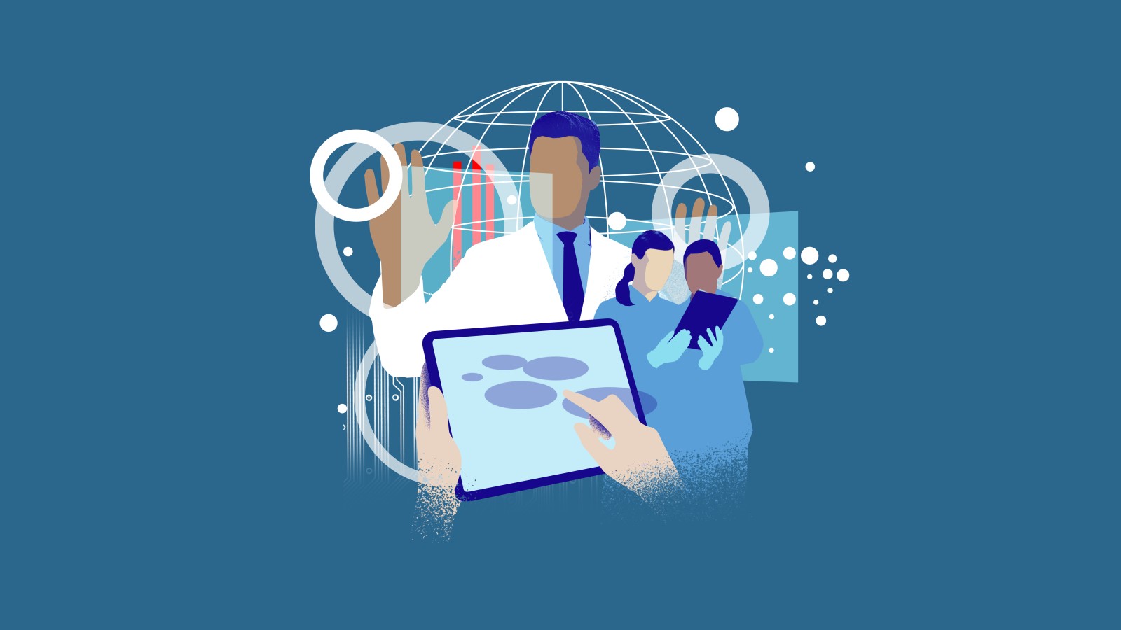On a blue background, a stylized graphic of a doctor.