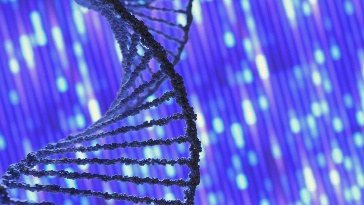 A piece of a DNA helix on a blue background.