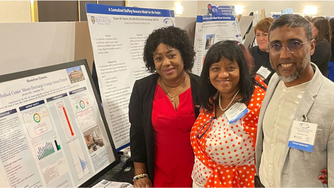 Mohamed Yasin, MSN, MPH, RN, NE-BC, Administrative Nurse Manager, NW1 and NW3, Moses; and Obiageli Ubakanma, MBA, RN, BSN, WCC, Administrative Nurse Manager, NW5, Moses, presented a poster focused on the Moses Discharge Lounge.