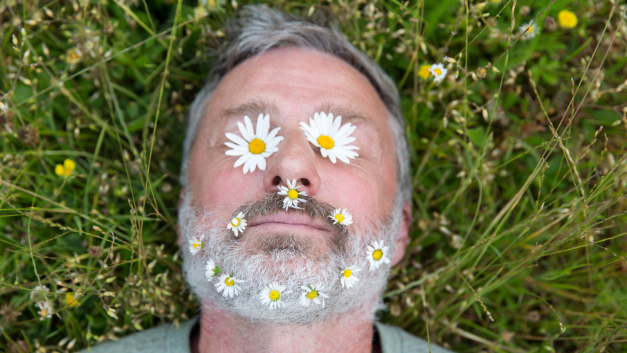 A man lies in a grassy field with wildflowers covering his eyes and woven into his beard.