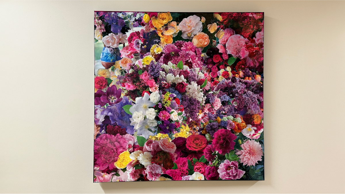 On a square canvas, an image of a wide array of flowers.