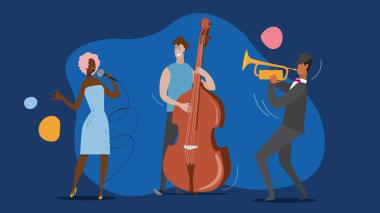 On an abstract blue background, a cartoon illustration of a jazz singer in a blue dress,  an upright bass player wearing a hat and a trumpet player in a black suit with a white shirt.