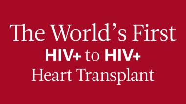 The World's First HIV+ to HIV+ Heart Transplant, white text on red background.