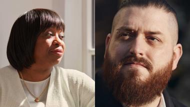 A woman in a beige sweater in a sunlit light room juxtaposed with a man's bearded face on a dark background.  Both look thoughtful.