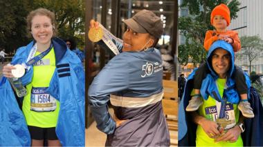 NYC marathon competitors holding their medals