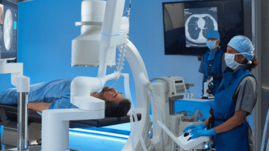 Doctors perform an endoscopy in the new robotic endoscopy suite.