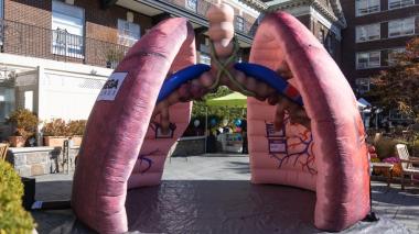 A set of giant model inflatable lungs form a pavillion in a Montefiore courtyard.