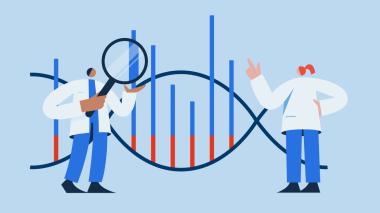 A cartoon graphic of two scientists examining a huge graph exentending from a DNA helix.