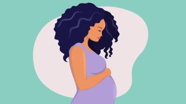 A graphic of a pregnant person on a teal background