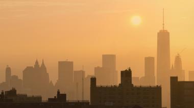 A smoggy city skyline.