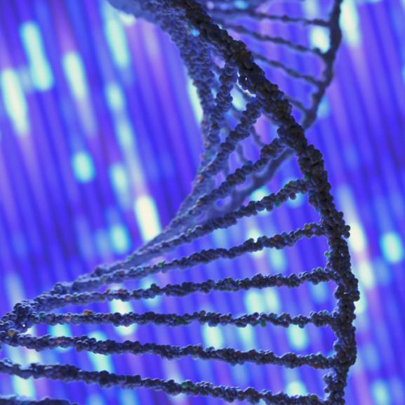 a part of a DNA helix on a blue background.